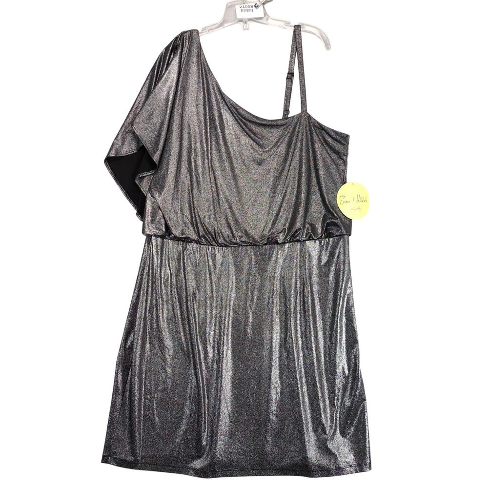 NWT Emma & Michele One-Shoulder‎ Metallic Blouson Dress XL Black Silver Shimmer